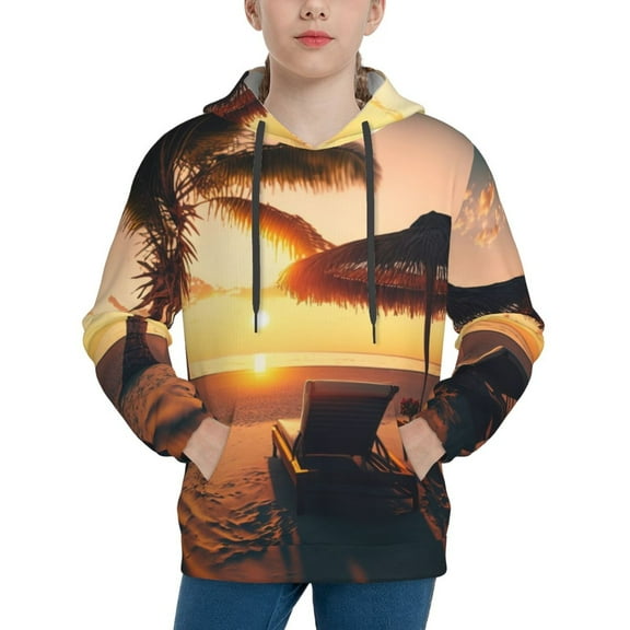 Balery Hawaiian Sunset Beach Pattern Boys Hoodie, Youth Pullover Hooded Sweatshirt, Kangaroo Pocket Hoodie for Kids Girls -Medium
