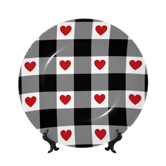 Balery Heart Black Buffalo Plaid Gingham Print Bone China Decorative Plate Ceramic Dinner Plates Art Crafts with Display Stand-6in