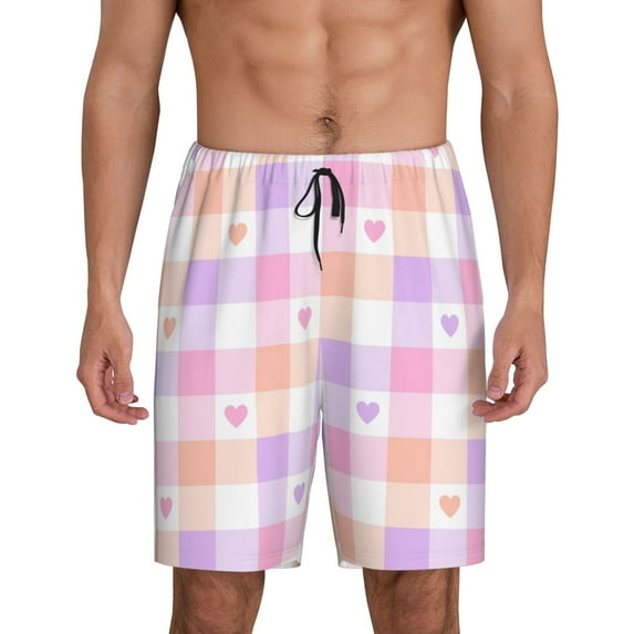 Balery Heart Buffalo Plaid Men's Cotton Knit Pajama Shorts Waistband & Pockets,Short Pajama Pants-4X-Large
