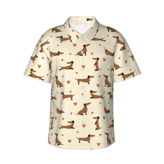 Balery Heart Dachshund Print Men's Hawaiian Shirts Short Sleeve Beach Shirt Relaxed Fit Vacation Button Down Shirts-Small