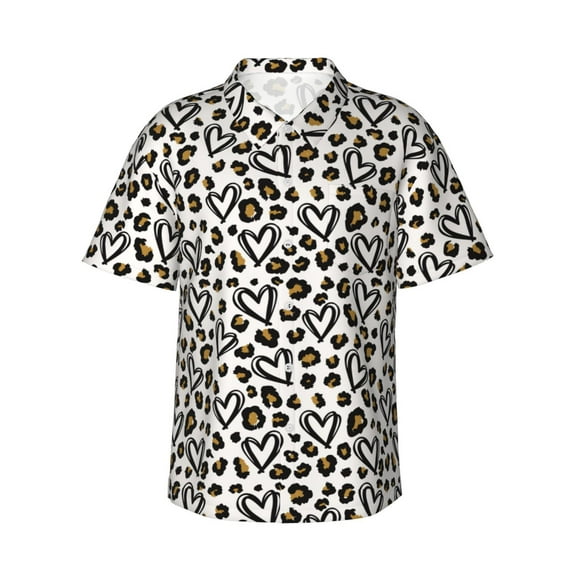 Balery Heart Leopard Print Men's Hawaiian Shirts Short Sleeve Beach Shirt Relaxed Fit Vacation Button Down Shirts-Small