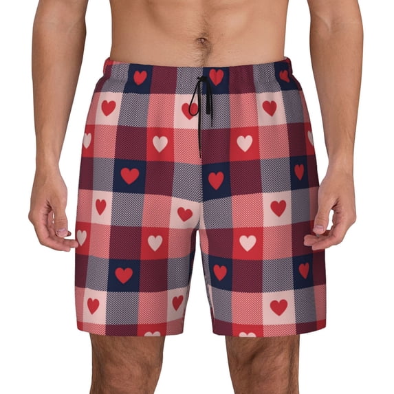 Balery Heart Plaid Mens Swim Trunks Swim Shorts for Men Quick Dry Inseam Beach Shorts with Compression Liner Pocket-Small