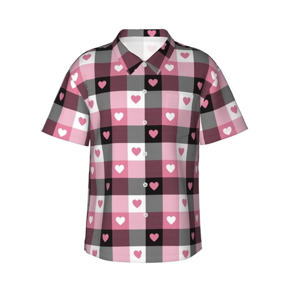 Balery Heart Plaid Print Men's Hawaiian Shirts Short Sleeve Beach Shirt Relaxed Fit Vacation Button Down Shirts-Large