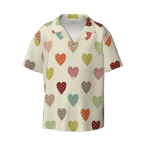 Balery Heart Polka Dot Men's Casual Button Down Shirt Short Sleeve Textured Summer Cuban Beach Shirts-4X-Large