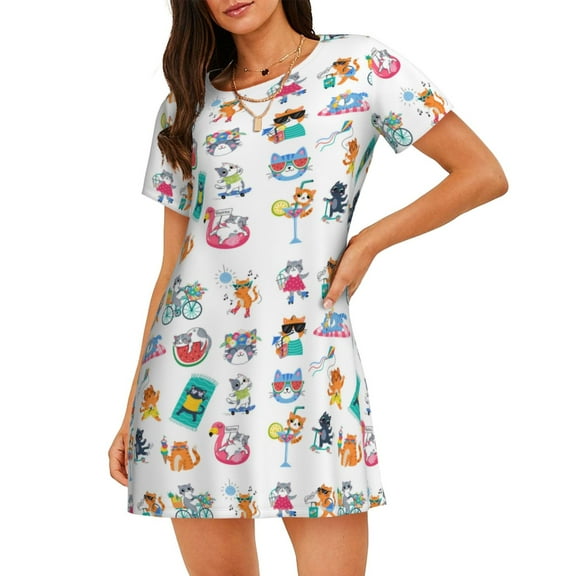 Balery Hello Summer Cat Pattern Womens Short Sleeve Sleepshirt Scoopneck Cute Nightdress Comfy Nightgown Loungewear Dress