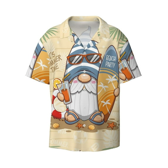 Balery Hello Summer Cute Gnome Men's Casual Button Down Shirt Short Sleeve Textured Summer Cuban Beach Shirts-X-Large