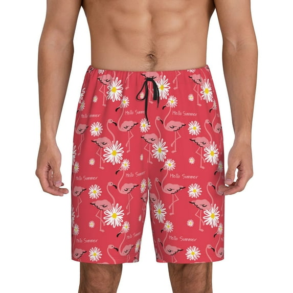 Balery Hello Summer Flamingo Men's Cotton Knit Pajama Shorts Waistband & Pockets,Short Pajama Pants-Small