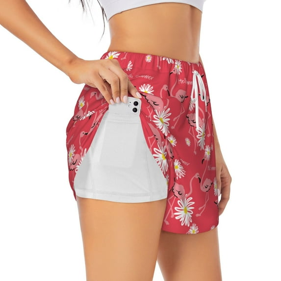 Balery Hello Summer Flamingo Pattern Women's Running Shorts with Liner 2 Pockets Elastic Workout Athletic Gym Yoga Shorts-X-Large