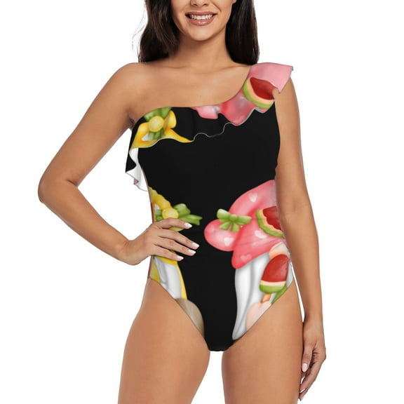 Balery Hello Summer Gnome One Shoulder Swimsuits for Women Ruffle Swimsuits Tummy Control One Shoulder Bathing Suits-XX-Large