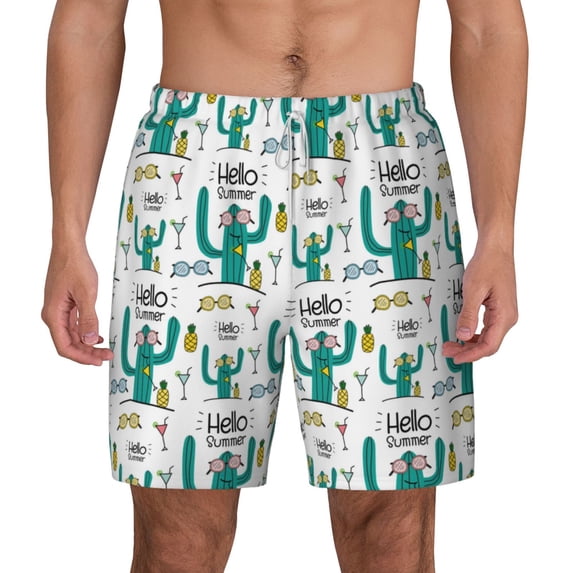 Balery Hello Summer Mens Swim Trunks Swim Shorts for Men Quick Dry Inseam Beach Shorts with Compression Liner Pocket-Small
