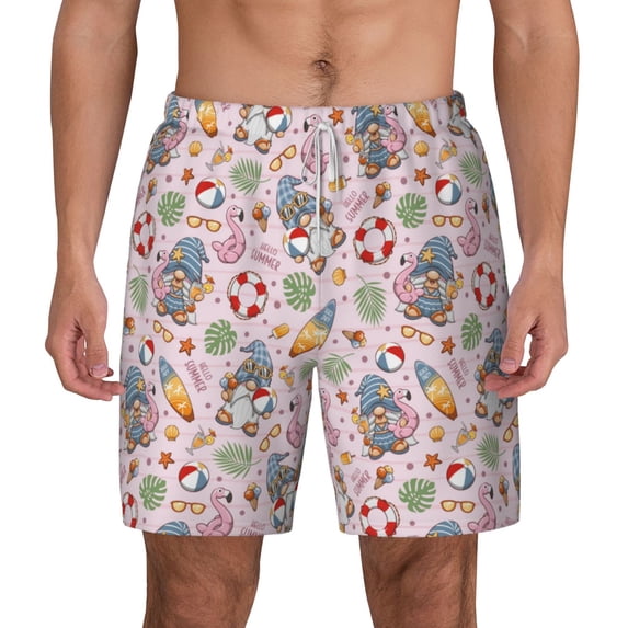 Balery Hello Summer With Gnome Mens Swim Trunks Swim Shorts for Men Quick Dry Inseam Beach Shorts with Compression Liner Pocket-Large