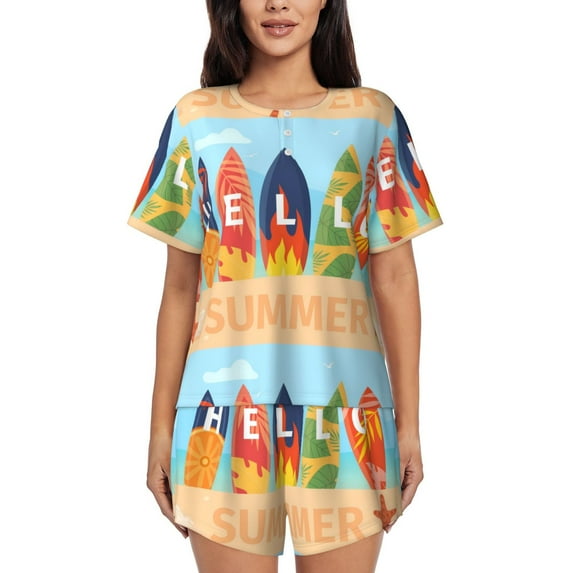 Balery Hello Summer3 Pattern Womens Pajama Sets 2 Piece Soft Short Sleeve Top and Shorts Sleepwear Round Neck Pjs Lounge Set with Pockets-4X-Large