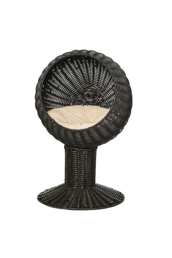 26" Elevated Hand-Woven Banana Leaf Cat Bed, Luxurious Kitten Condo with Pillow, Natural Mat Grass Woven Cat House for Indoor Cats, Brown