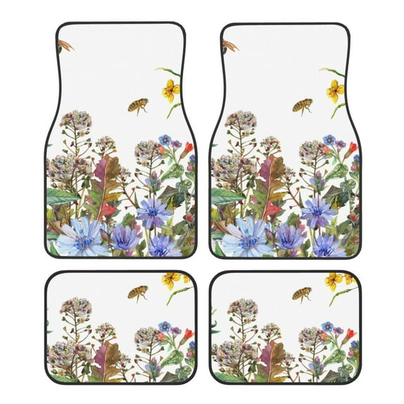Balery Herbs and Wildflowers Pattern 4-Piece Floor Mats, Heavy-Duty Rubber Liners, Anti-Slip Design, All-Season Automotive Protection, Vehicles, Cars, Trucks, and SUVs