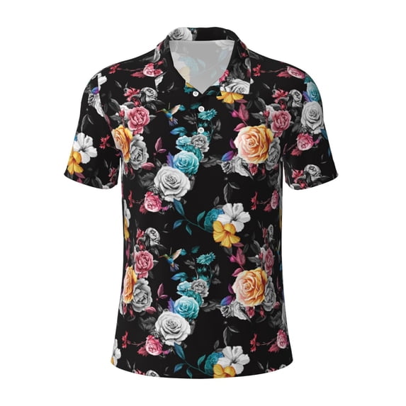 Balery Hibiscus Rose Printed Men’s Short Sleeve Polo Shirt, Midweight Men's Shirt,Golf Polo shirts -4X-Large