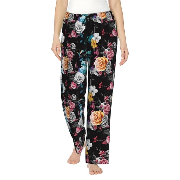 Balery Hibiscus Rose print Women's Pajama Pants,Ultra Lightweight Pjs,Lounge Pant-Medium