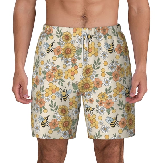 Balery Hippie Bee Honeycomb Mens Swim Trunks Swim Shorts for Men Quick Dry Inseam Beach Shorts with Compression Liner Pocket-Large