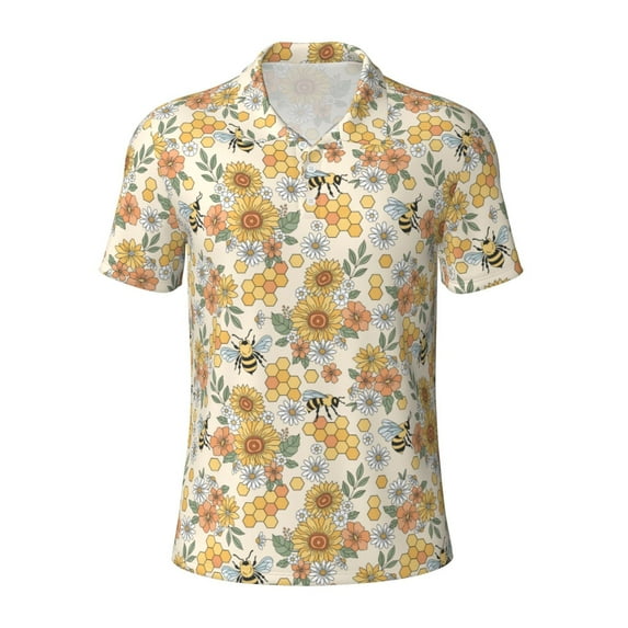 Balery Hippie Bee Honeycomb Printed Men’s Short Sleeve Polo Shirt, Midweight Men's Shirt,Golf Polo shirts -Large