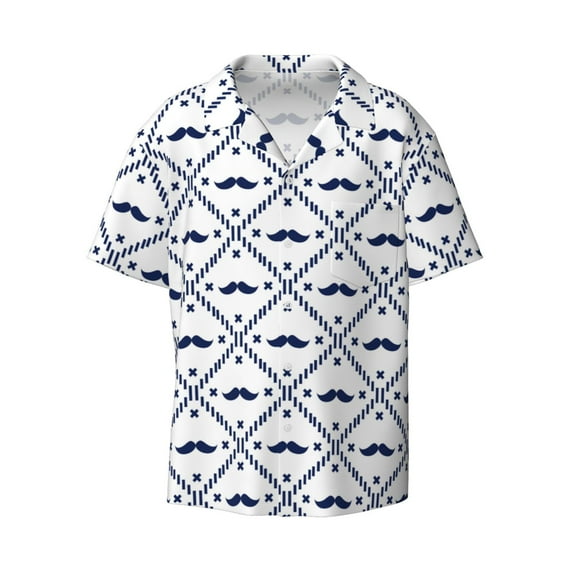 Balery Hipster Mustache Men's Casual Button Down Shirt Short Sleeve Textured Summer Cuban Beach Shirts-X-Large