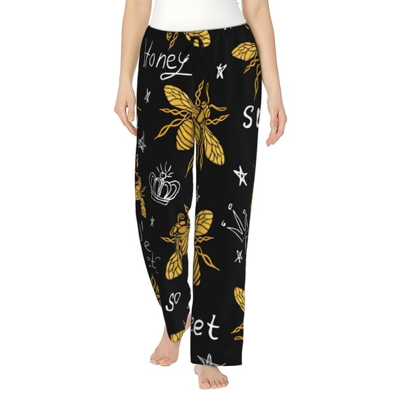 Balery Hohey Bee Golden Embroidery print Women's Pajama Pants,Ultra Lightweight Pjs,Lounge Pant-