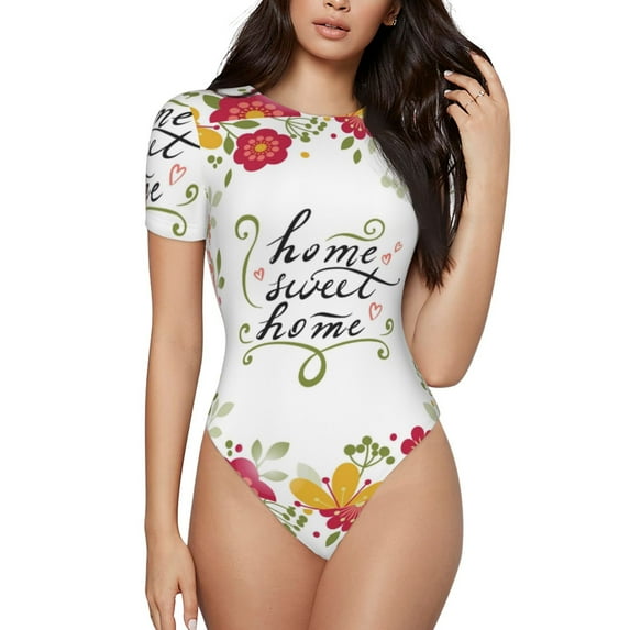 Balery Home Sweet Home Floral Women's Short Sleevee Crew Neck Bodysuit Tops Short Sleeve Tops Basic-X-Large