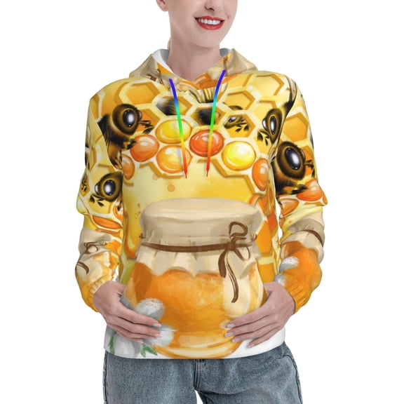 Balery Honey Bee Pattern Womens Long Sleeve Hoodie, Pullover Hooded Sweatshirt, Kangaroo Pocket Hoodie with Eye-catching Drawstrings-Medium
