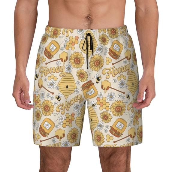 Balery Honey Honeycomb Mens Swim Trunks Swim Shorts for Men Quick Dry Inseam Beach Shorts with Compression Liner Pocket-X-Large