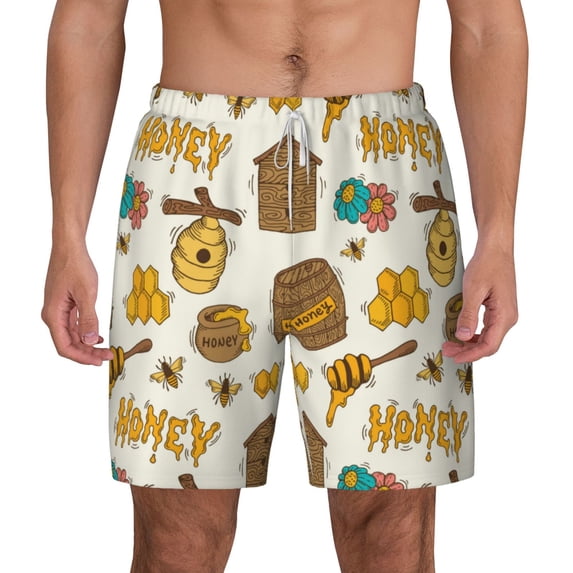 Balery Honeycomb And Honey Mens Swim Trunks Swim Shorts for Men Quick Dry Inseam Beach Shorts with Compression Liner Pocket-Medium