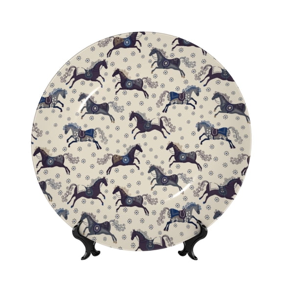 Balery Horse Print Bone China Decorative Plate Ceramic Dinner Plates Art Crafts with Display Stand-6in