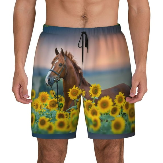 Balery Horse Sunflowers Mens Swim Trunks Swim Shorts for Men Quick Dry Inseam Beach Shorts with Compression Liner Pocket-Medium