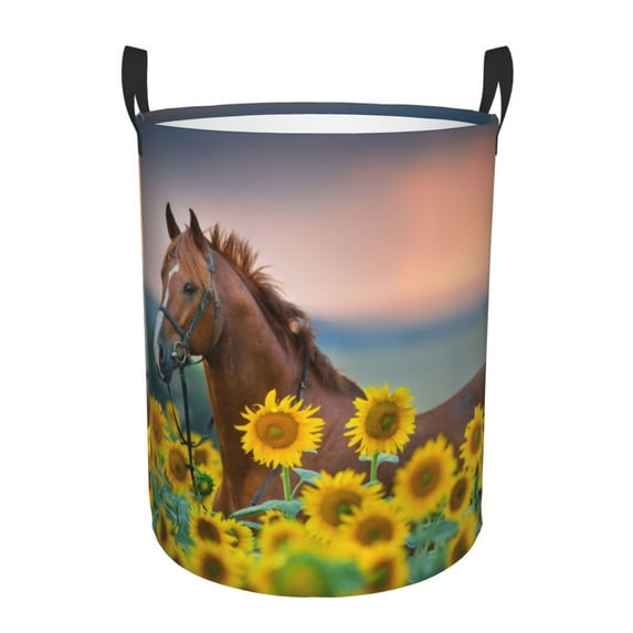 Balery Horse Sunflowers Round Laundry Basket with Handles Waterproof Freestanding Laundry Hamper for Clothes Toys in the Dorm and Family-Medium