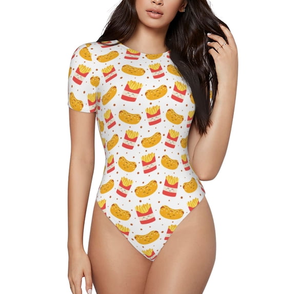 Balery Hot Dog Women's Short Sleevee Crew Neck Bodysuit Tops Short Sleeve Tops Basic-Small