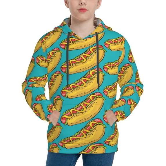 Balery Hot Dogs 8 Pattern Boys Hoodie, Youth Pullover Hooded Sweatshirt, Kangaroo Pocket Hoodie for Kids Girls -Medium