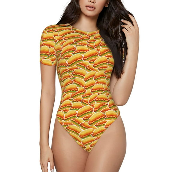 Balery Hot Dogs Women's Short Sleevee Crew Neck Bodysuit Tops Short Sleeve Tops Basic-X-Large