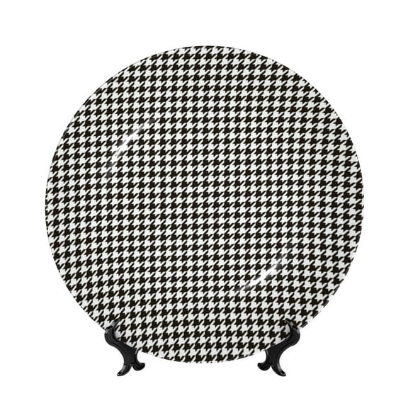 Balery Houndstooth Black And White Print Bone China Decorative Plate Ceramic Dinner Plates Art Crafts with Display Stand-6in