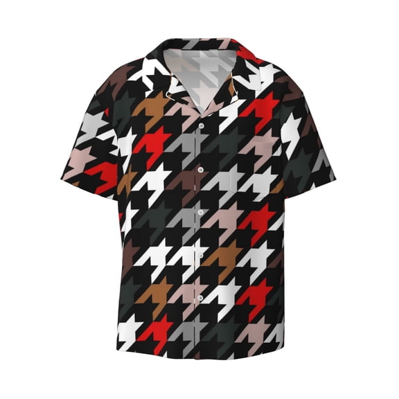 Balery Houndstooth Green Red Men's Casual Button Down Shirt Short Sleeve Textured Summer Cuban Beach Shirts-3X-Large