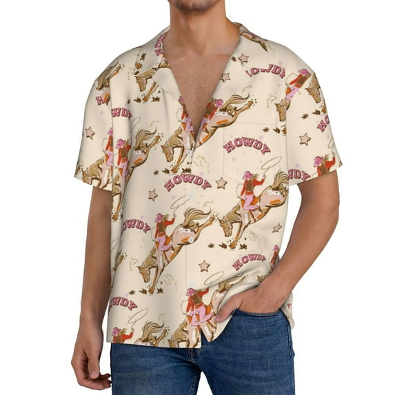 Balery Howdy Cowgirl Men's Casual Button Down Shirt Short Sleeve Textured Summer Cuban Beach Shirts-XX-Large
