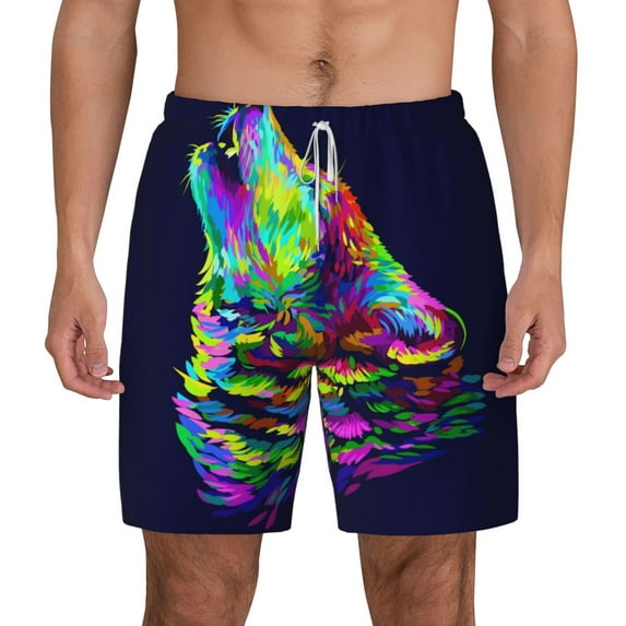 Balery Howling Wolf Mens Swim Trunks Swim Shorts for Men Quick Dry Inseam Beach Shorts with Compression Liner Pocket-XX-Large