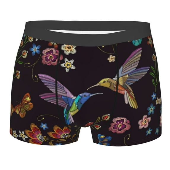 Balery Humming Bird And Tropical Flowers Embroidery Men's Boxer Briefs, Soft and Breathable Cotton Underwear with nylon Waistband-X-Large