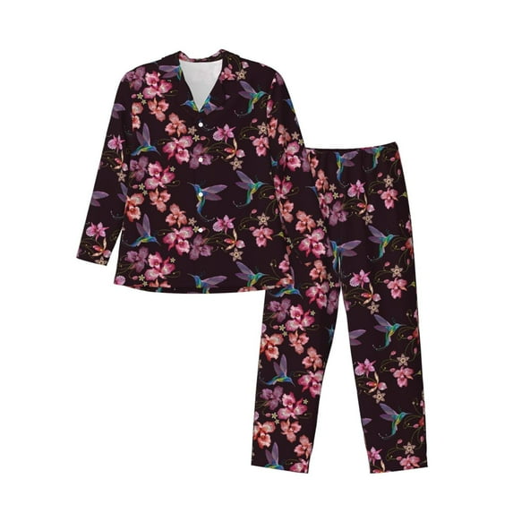 Balery Humming Bird And Tropical Pattern Pajama Sets for Men Long Sleeve 2 Piece Sleepwear Loungewear Sets Soft PJ's with Pockets Long Sleeve Comfy Pj Sets-Large