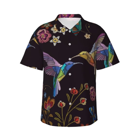 Balery Humming Bird Print Men's Hawaiian Shirts Short Sleeve Beach Shirt Relaxed Fit Vacation Button Down Shirts-Medium