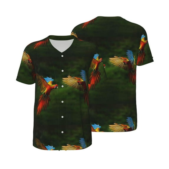 Balery Hybrid Parrot in the Forest Baseball Jersey for Men Casual Button Down Shirts Short Sleeve Active Team Sports Uniform-XX-Large