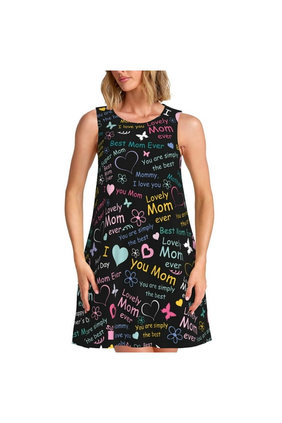 I love you Mom Pattern Women’s Summer Dresses – Loose Sleeveless Sundress, Casual and Comfortable Beach Dress for Hot Days