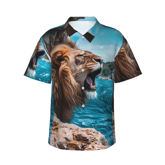 Balery Ice Blue Coastal Lion Print Men's Hawaiian Shirts Short Sleeve Beach Shirt Relaxed Fit Vacation Button Down Shirts-3X-Large