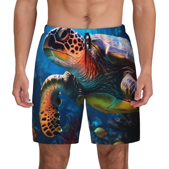 Balery Ice Blue Ocean Sea Turtle Mens Swim Trunks Swim Shorts for Men Quick Dry Inseam Beach Shorts with Compression Liner Pocket-Large