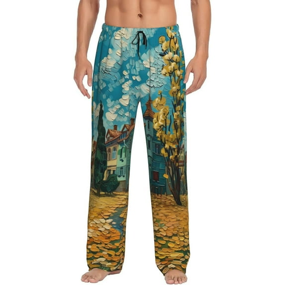 Balery Impressionist Village Sky print Men's Pajama Pants,Ultra Lightweight Pjs,Lounge Pant-Large