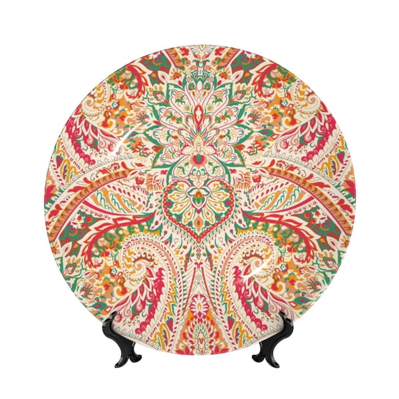 Balery Indian Paisley 1 Print Bone China Decorative Plate Ceramic Dinner Plates Art Crafts with Display Stand-10in