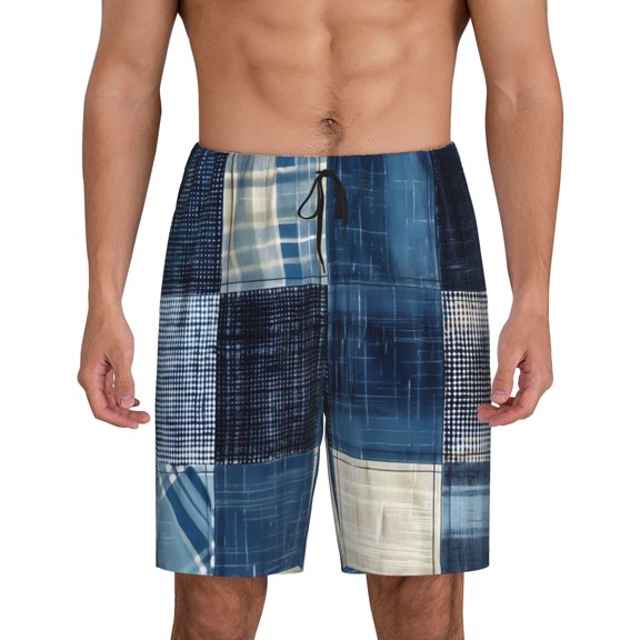 Balery Indigo Patchwork Quilt Men's Cotton Knit Pajama Shorts Waistband & Pockets,Short Pajama Pants-Small