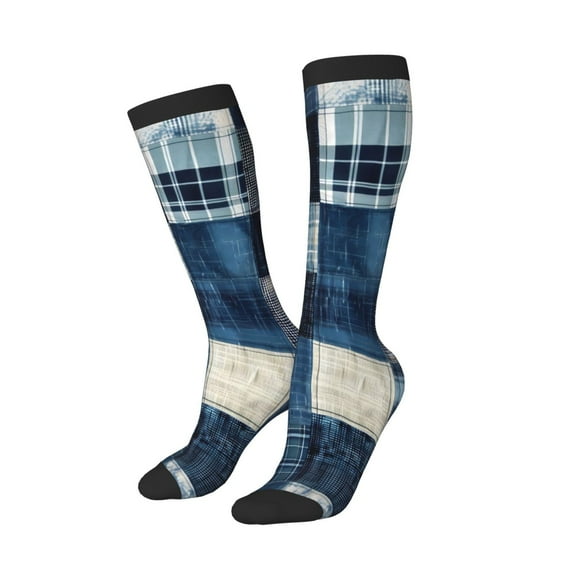 Balery Indigo Patchwork Quilt Printed Novelty Socks Men's Women's Crew Socks Sports Socks Knee High Socks Cotton Socks Quirky and Cool Socks