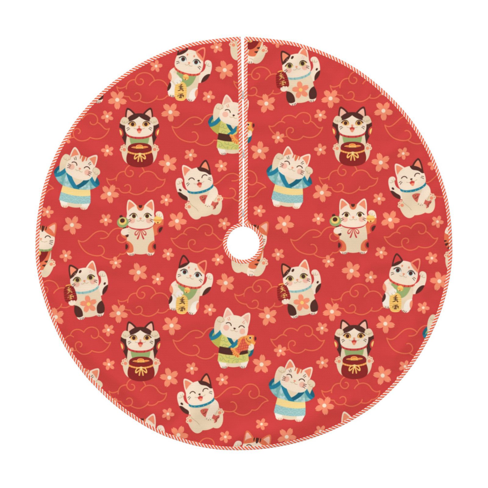 Balery Japanese Maneki Cats Printed Christmas Tree Skirt , Merry